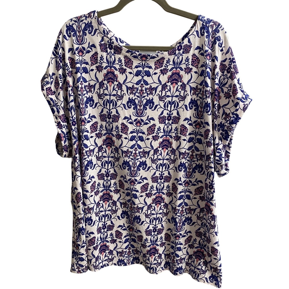 J.Jill Women‎ 2X Blue Pink Damask Floral Cotton Tencel Modal Knit Top KTP319741